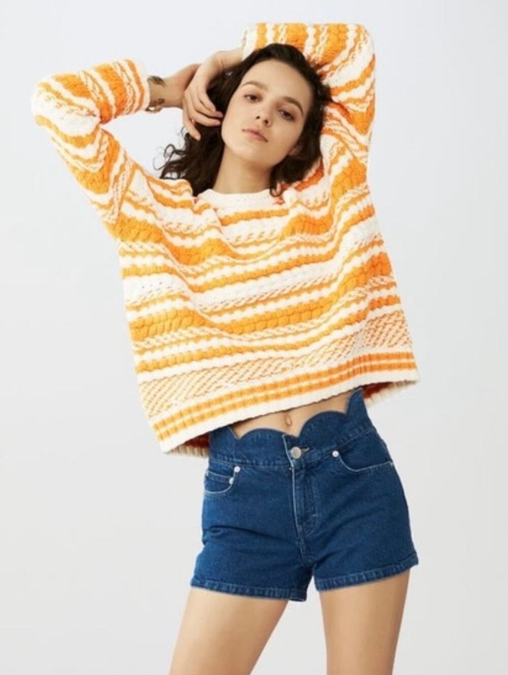 Maje Modeste Yellow White Chunky Knit Striped Pull Over Sweater 2 US Medium